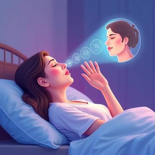Woman demonstrates Papworth Method focusing on nasal breathing and controlled exhalation in a bedroom scene with a modern realistic style. Purple and blue gradient background enhances calming effect.