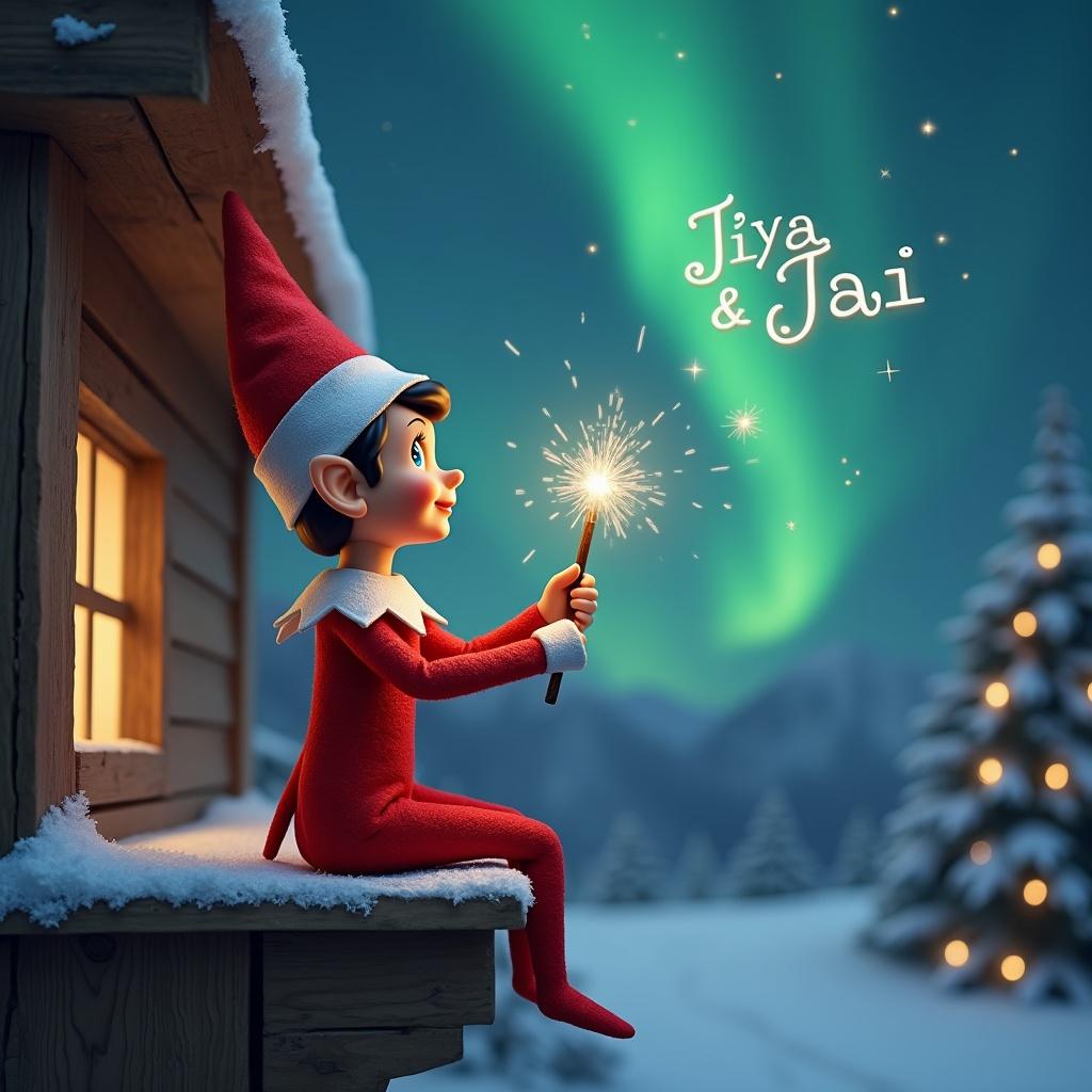 An elf on the shelf gazes skyward holding a sparkling wand. Christmas scene in the background features northern lights. Snow covers the ground. Elf embodies Christmas magic. The name 'Jiya & Jai' is written in the air.