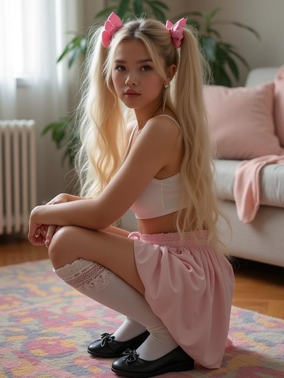 A young woman with long natural blonde hair and pink bows squats on a colorful rug. She wears a crop top and a pale pink skirt with thigh-high socks and simple black shoes. Her face is beautiful and serene, creating a relaxed atmosphere in a softly lit living room.