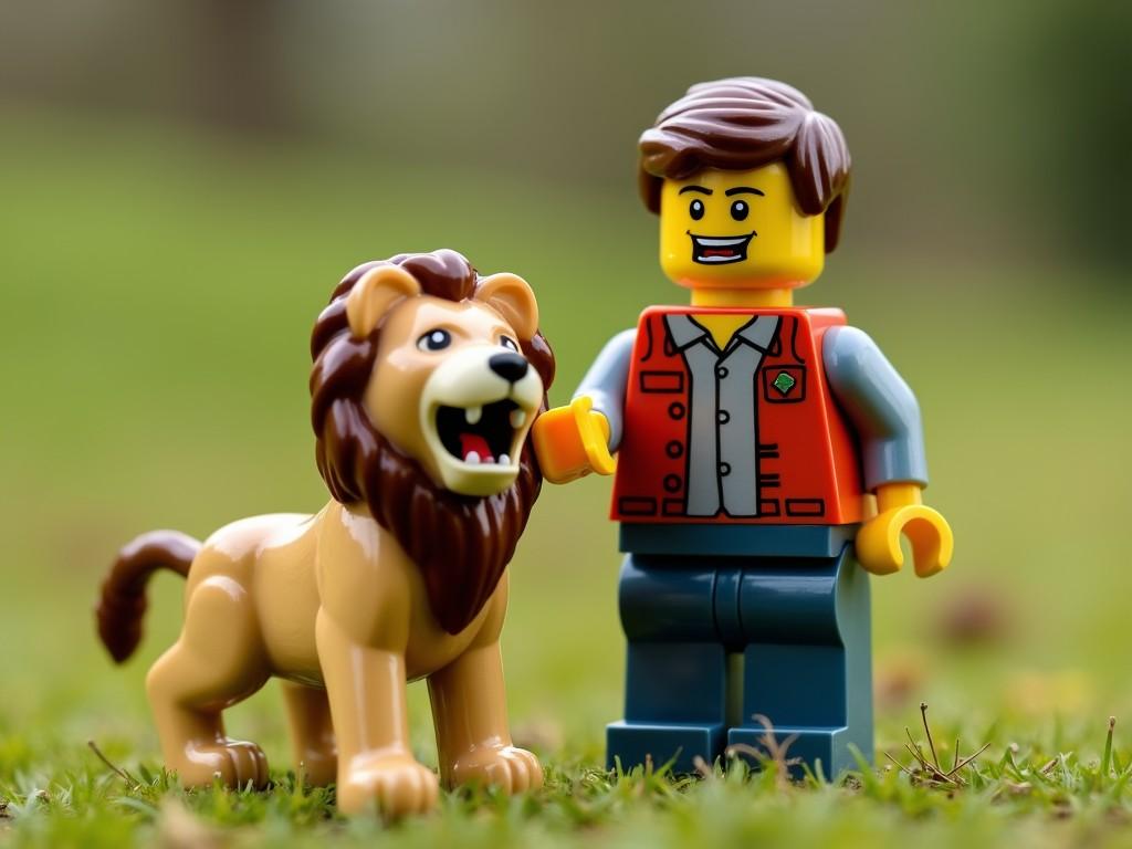 This image showcases a LEGO minifigure standing next to a small LEGO lion figurine. The minifigure appears cheerful and possibly depicts a safari explorer, dressed in a casual red vest. The scene is set on a natural backdrop with a grassy surface, suggesting an outdoor environment, like a savannah or a park.