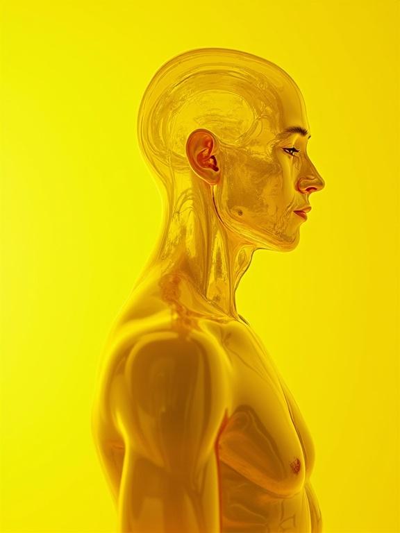 A stylized human figure made of transparent plastic with a bright yellow background. The figure is displayed in a side view, highlighting its smooth contours and shiny texture. The environment is uniformly yellow to emphasize the figure's form and material.