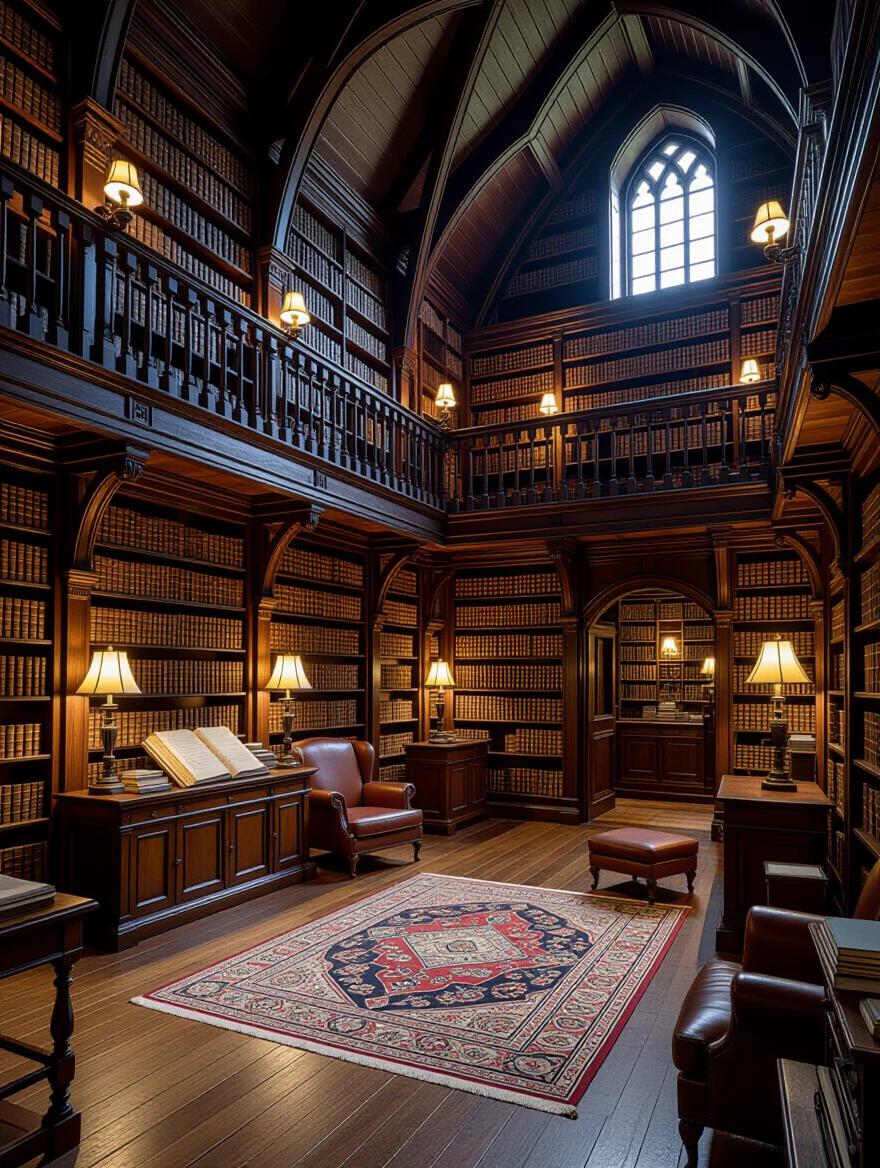A large wooden bookshelf filled with ancient books and scrolls. Mysterious aura with cinematic lighting.