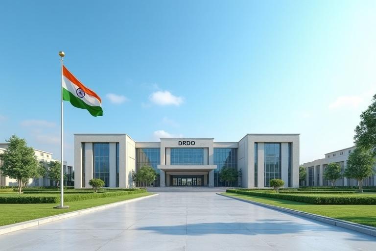 Wide cinematic 3D view of the DRDO headquarters in India. Ultra-realistic architecture with clean surroundings. Indian national flag waving under bright blue daylight. High definition 16:9 frame. Vibrant colors, professional military-grade setting, ultra-HD 4K rendering, realistic shadows and lighting.