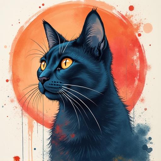 Celestial ink painting of a black cat. The cat has bright orange eyes. Background features a large orange circle with splashes of color. The cat is depicted in a side profile.