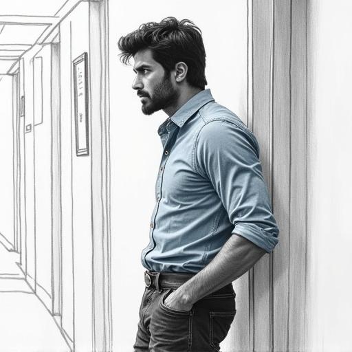 Highly detailed hyper-realistic pencil sketch of a man in a light blue shirt with dark jeans. He stands in a corridor. Looks around and takes a deep breath. His expression shows exhaustion and determination. Smooth blended shading and monochrome with high contrast. Close-up slightly high-angle view.