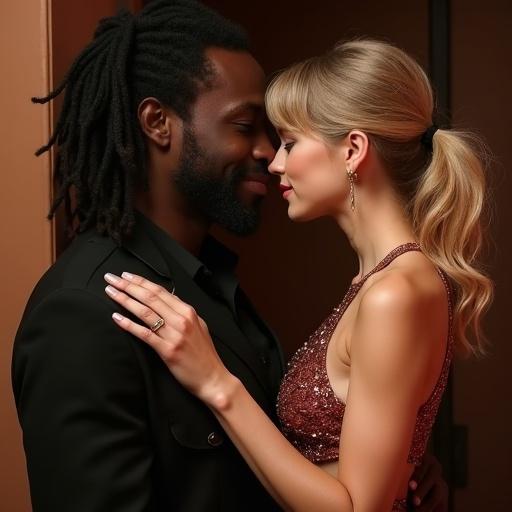 Intimate moment between a couple with warm tones and soft lighting. They share a close interaction in a stylish setting. A large man with dreadlocks embraces a woman in a chic outfit.