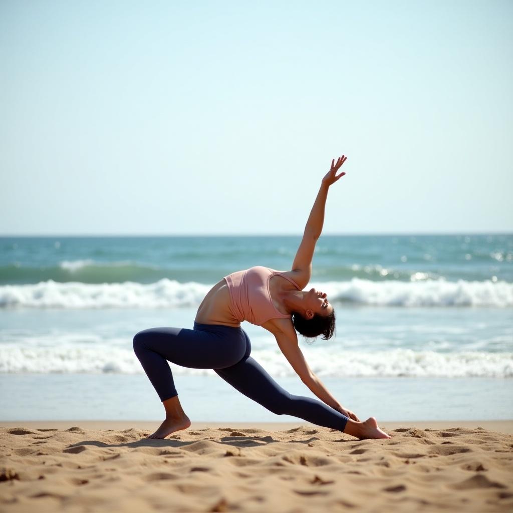 A person practices a yoga pose on a sandy beach with ocean waves in the background. The setting is serene, with bright blue skies and gentle waves lapping at the shore. The individual is dressed in a light top and yoga pants, stretching gracefully. The scene evokes a sense of peace and wellness. This image captures both the physical and mental benefits of practicing yoga outdoors.