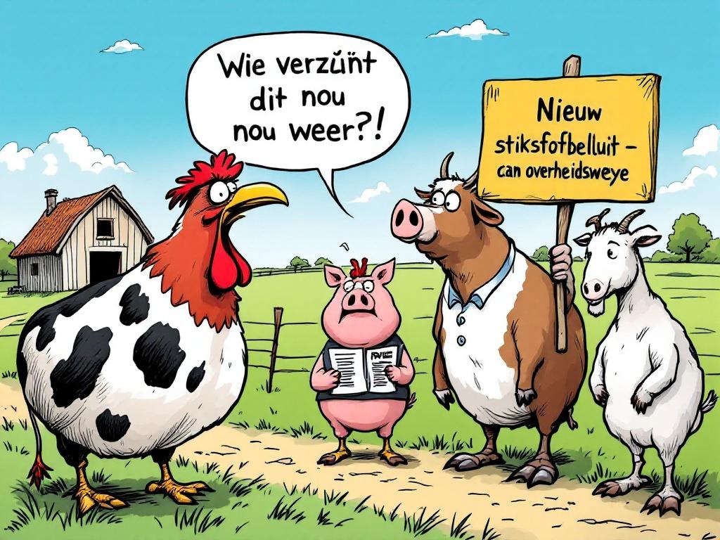 A political cartoon set on a Dutch farm. Four farm animals reacting to a government regulation. Chicken looks outraged shouting. Pig is annoyed holding papers. Cow next to protest sign. Goat looks surprised. Background shows green pasture barn blue sky.