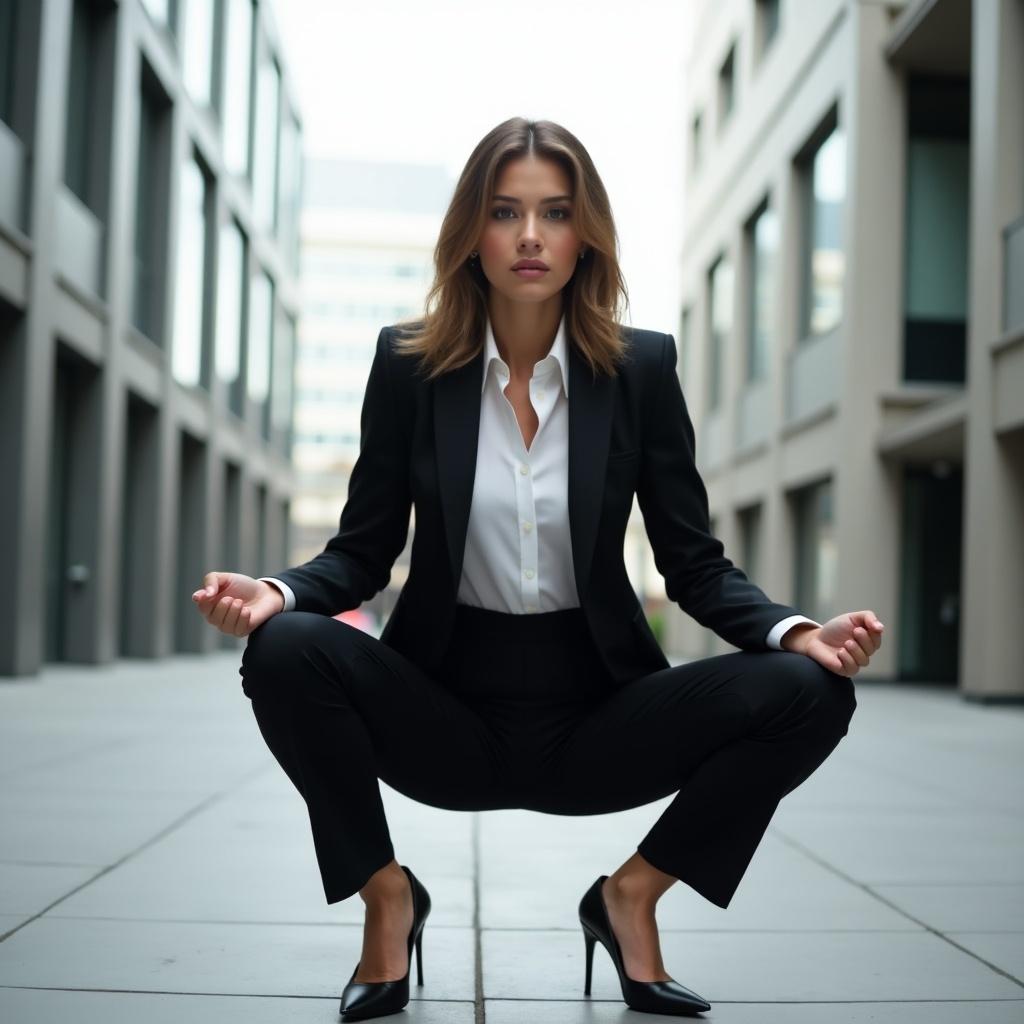 A confident woman dressed in a formal black suit is squatting in a professional setting. She has her legs spread in a relaxed yet assertive position. The background features modern architecture, enhancing the contemporary vibe. The lighting is soft, highlighting her features. The scene conveys empowerment and professionalism in a business context.