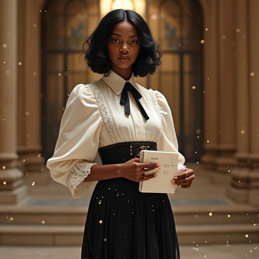 Afro goddess inspired by Yemọja. Exquisite deep black skin. Delicate Japanese features. Glossy black hair with golden hairpins. Wearing a fusion of medieval and contemporary fashion. Pristine white blouse and black corset. Modest skirt with lace and sheer panels. Satin necktie at collar. Standing in architectural chamber. Holding documents and a digital tablet. Confident gaze and warm expression. Background with magical particles.