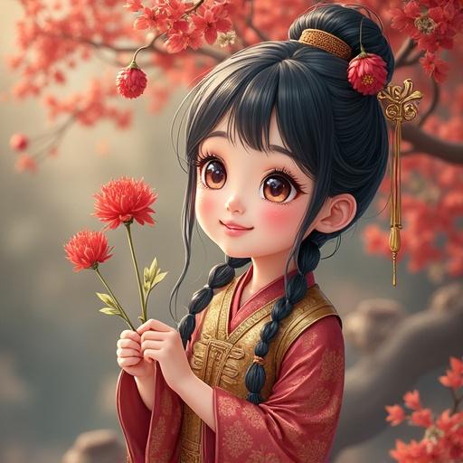 Highly realistic digital painting of a character's portrait with a vibrant background. The character wears a yellow outfit and holds flowers. Facial details are clear and detailed.