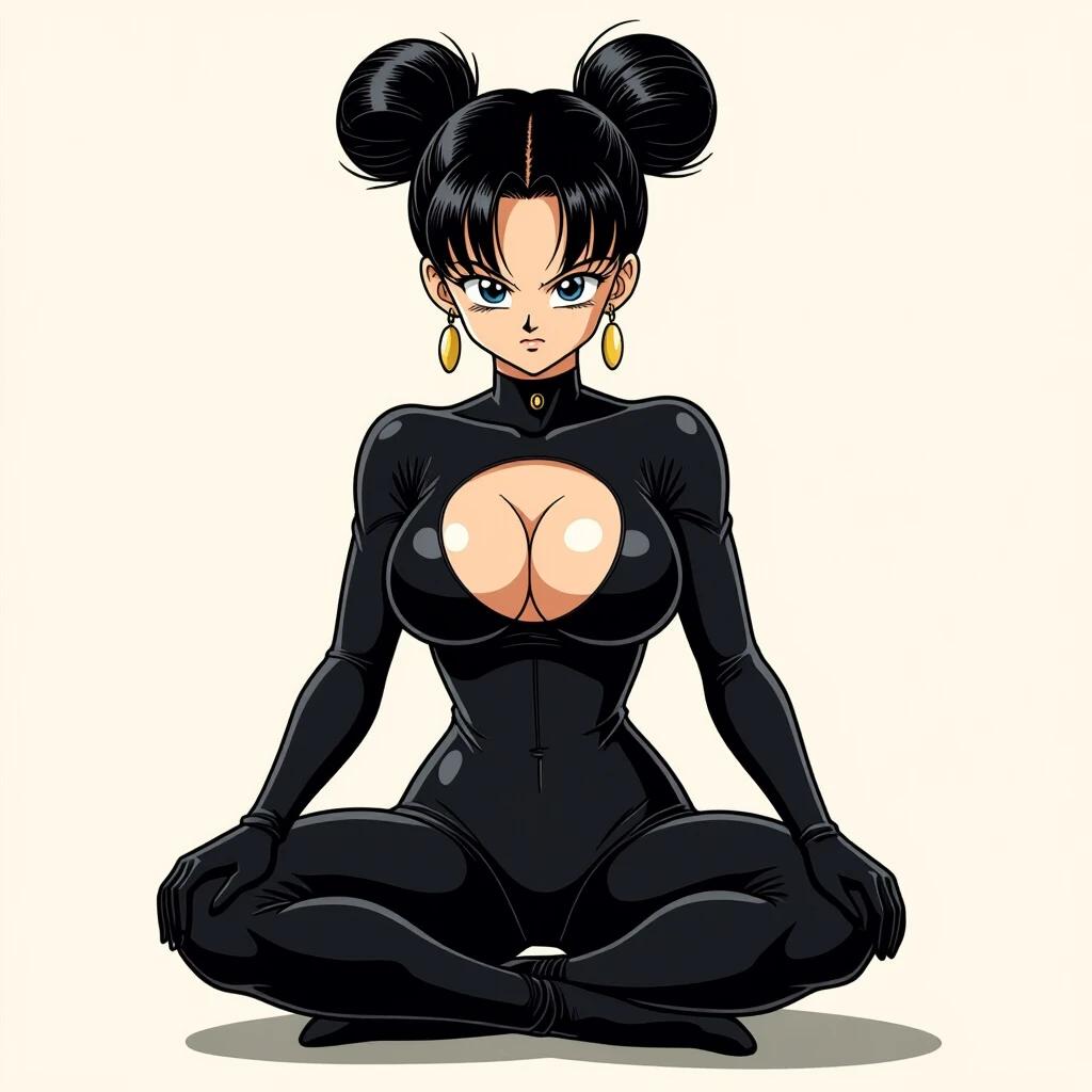Anime character kneeling wearing a tight black fullbody suit. The character has a big chest and wide hips. Long black hair styled in two buns. Focus is on the character's face and posture.
