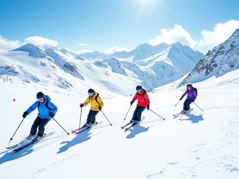 Photo shows four skiers skiing downhill in a snowy mountain landscape. Bright daylight with clear blue sky and some clouds. Skiers wear colorful ski suits in blue, red, yellow, and purple with black helmets and ski poles. Snow-covered slope with a distant mountain range and jagged peaks. Bright sunlight reflects off the snow. Small trails of snow behind skiers. High angle view, wide shot, crisp image with vibrant colors.