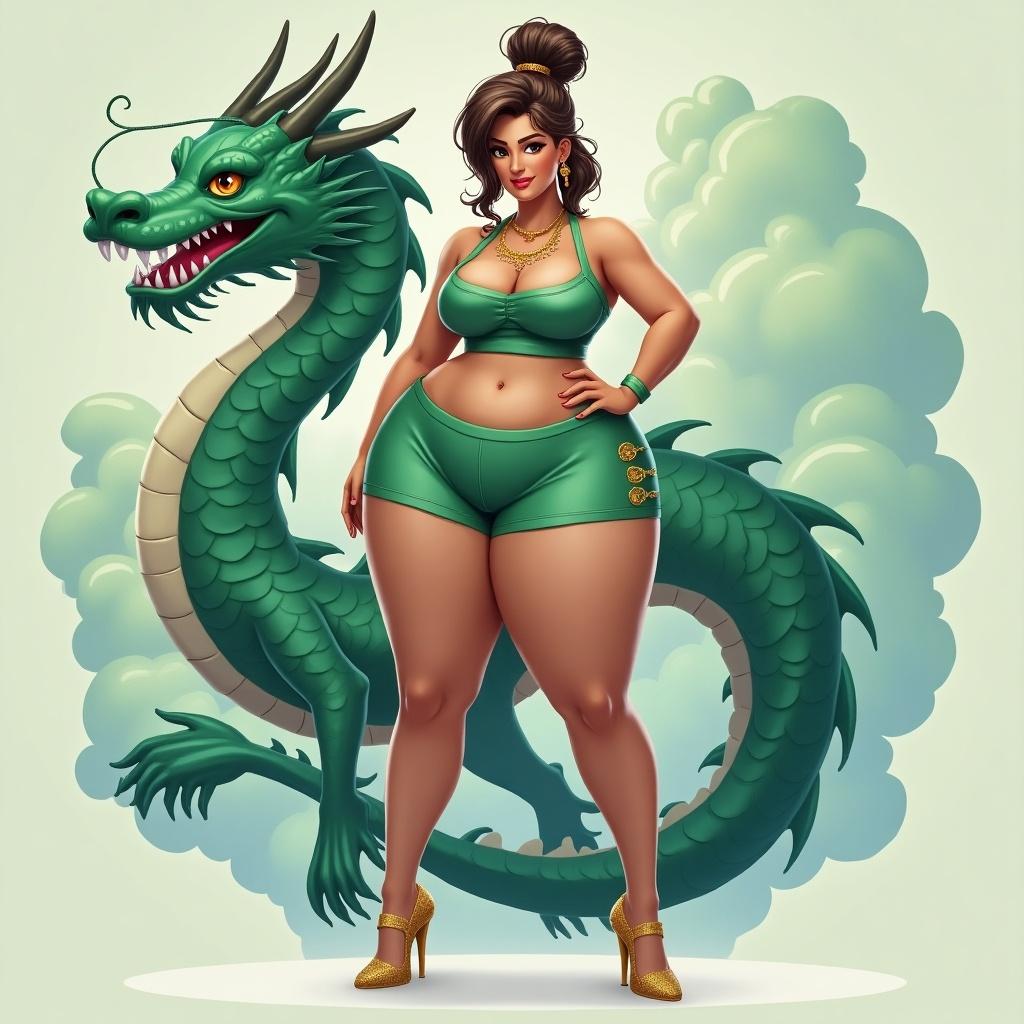 Plus sized woman in a jade outfit with high heels. She has messy medium brown hair with gold chopsticks. Background includes jade dragon and fluffy clouds.