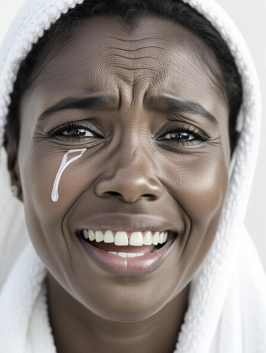 Black and white portrait of someone expressing joy after sorrow. The image captures subtle human emotions with a focus on the eyes. Represents transformation and courage. Very human and powerful.