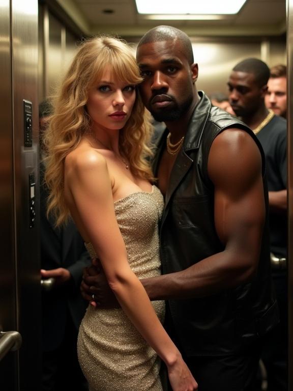 18 years old Taylor Swift and Kanye West in a crowded hotel elevator after an awards show. Taylor has long curly blonde hair and big blue eyes wearing a sparkly silver dress. Kanye is in a black leather vest holding her closely. They are closely surrounded by other men. Side angle view.
