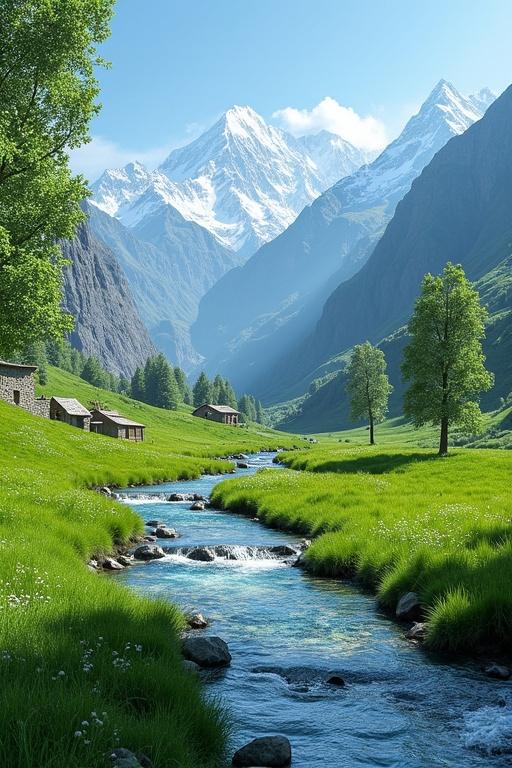 Breathtaking ultra-realistic northern Pakistan landscape. Crystal-clear mountain stream winds through lush green meadow. Shimmering water under bright sunlight. Banks covered in vibrant grass and wildflowers. Grand snow-capped mountains in background against blue sky. Leafy trees and dry-stone walls beside cottages. Atmosphere serene and untouched.