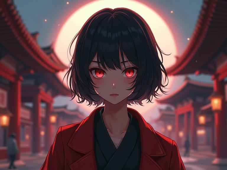 Portrait of a character in a traditional Japanese setting. Character has short black hair and striking red eyes. The character wears a stylish red coat. Background features traditional architecture illuminated by lanterns and a full moon.