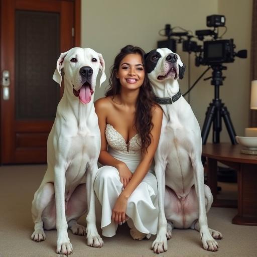 Attractive woman crouches between two Great Danes in hotel room. She wears lowcut white wedding dress with high heels and a bridal veil. One dog rests its head on her shoulder. Video cameras in background. Sign in her hand says 'AOZ auditions'. Dynamic angle enhances the scene.