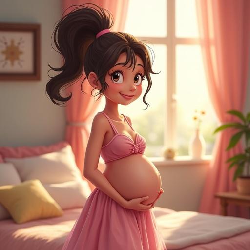 Cartoon character as cheerful pregnant female in casual sexy nightgown. Light indoor setting with bright natural light. Art style inspired by Dragon Ball. 8k resolution with HDR quality.