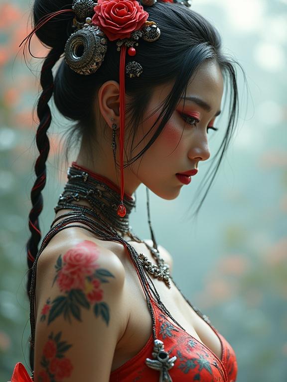 FULL BODY portrait of a futuristic NUDE geisha with cybernetic enhancements