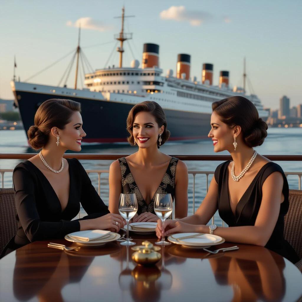 Elegant scene on deck of SS Normandie. Three characters seated at a round ebony table. Black satin dresses with golden geometric designs. Luxurious dining elements, twinkling water reflections, and Art Deco decoration.