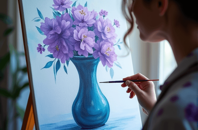 A person is painting a picture of purple flowers in a blue vase on a canvas.