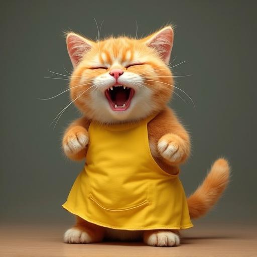 Semi-realistic orange tabby cat wearing a yellow apron. Cat has droopy eyes and slouched posture. Cat is yawning and appears cheerful. Looks like it managed playful children throughout the day.
