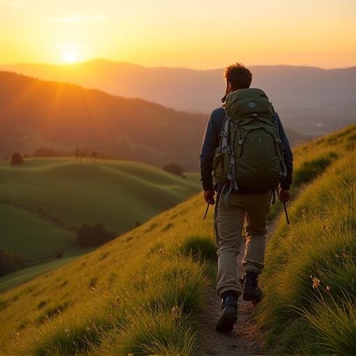 Man hiking in rolling green hills. Golden sunrise in the background. Hiker in his 30s wears backpack and outdoor gear. Determined expression as he ascends winding trail.