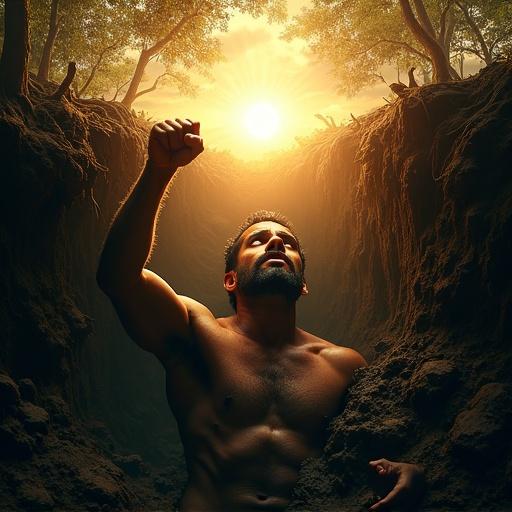 Split-screen image depicting a man trapped underground. Lower half shows thick mud, rocks, tree roots. His face shows suffering. His right arm reaches up through the earth. Upper half shows a clenched fist holding a shining sun. Paradise-like scene, golden light, soft clouds. Strong contrast between dark, claustrophobic lower half and bright, hopeful upper half. Surreal style with dramatic textures and lighting.