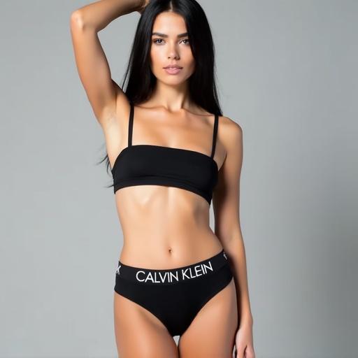 High-resolution fashion photograph of a woman in a black Calvin Klein bikini against a light gray background. Bandeau top with thin straps and high-waisted bottom featuring a white logo. She has long black hair and a fair complexion. Arm raised confidently. Soft lighting highlights the body contours.