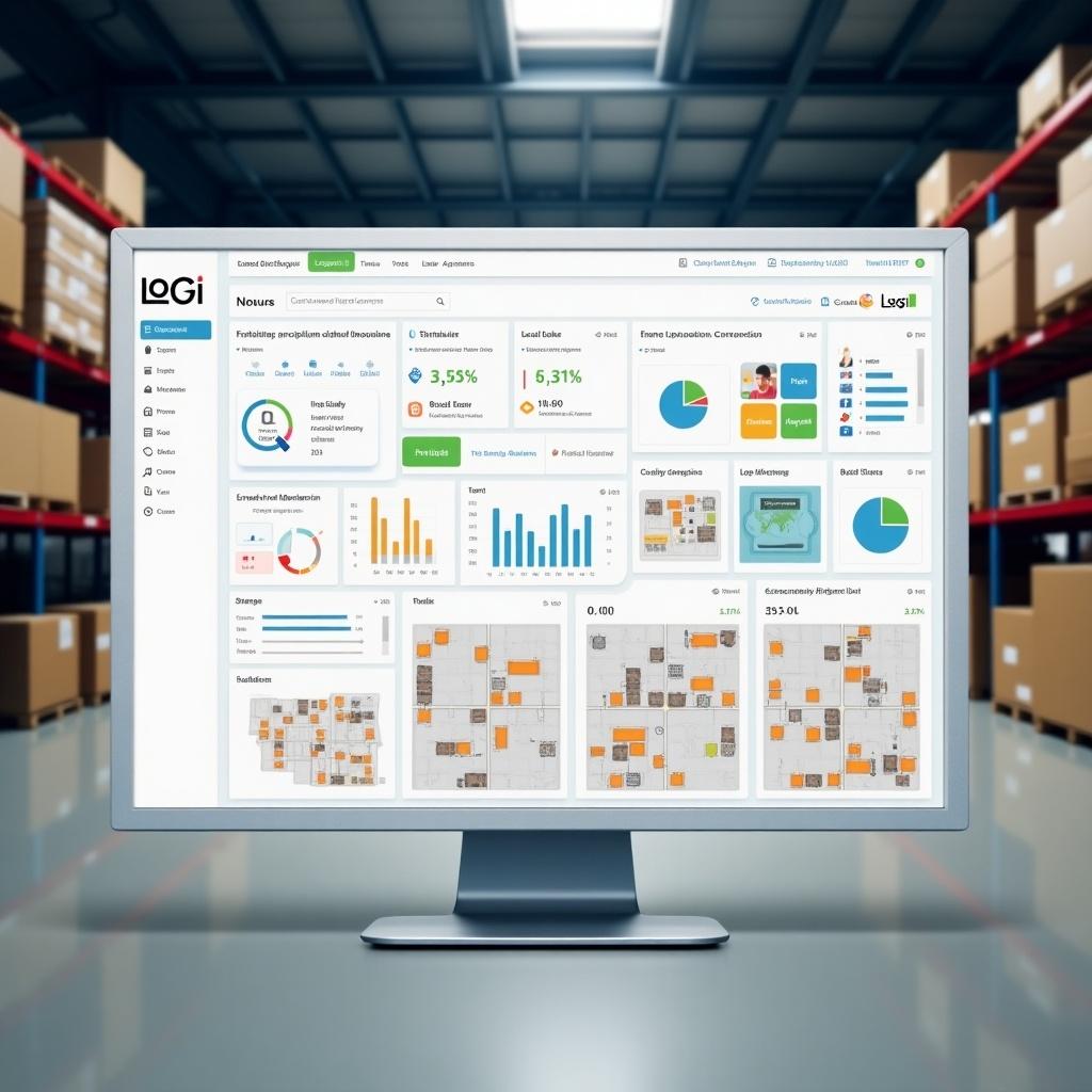 Dashboard displaying logistical data with graphs and charts. System for managing warehouse and yard operations. Computer screen positioned in a warehouse environment. Visualization of data insights.