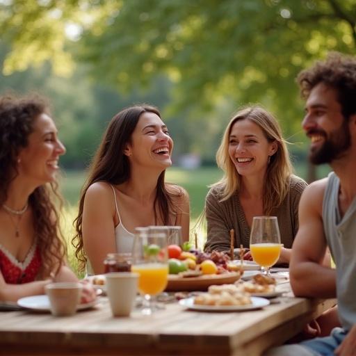 Four friends laughing at a summer barbecue by a picnic table. The setting is outdoors, with natural lighting and a joyful atmosphere. The focus is on their laughter and the food arrangements on the table.