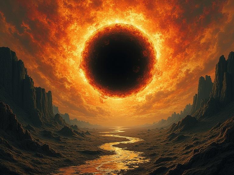 A surreal image of a sun obscured by a black hole. The artwork features distorted colors and textures, suggesting intense heat and decay. The landscape appears desolate and alien.