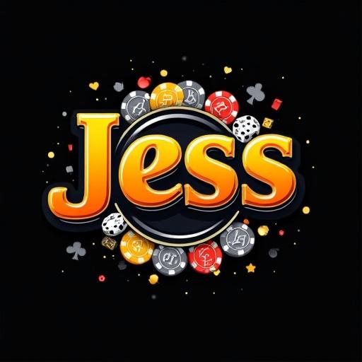 High-contrast print design for a black T-shirt featuring the 'JessCas' online casino logo centrally. Logo is large, solid with a sleek finish. Primary colors include bright orange-yellow, graphite, yellow, white, red, blue. Scattered casino chips and minimalist playing cards surround the logo. Elements are solid with sharp edges in a flat, high-impact design without blurs or gradients. Black T-shirt is the background.