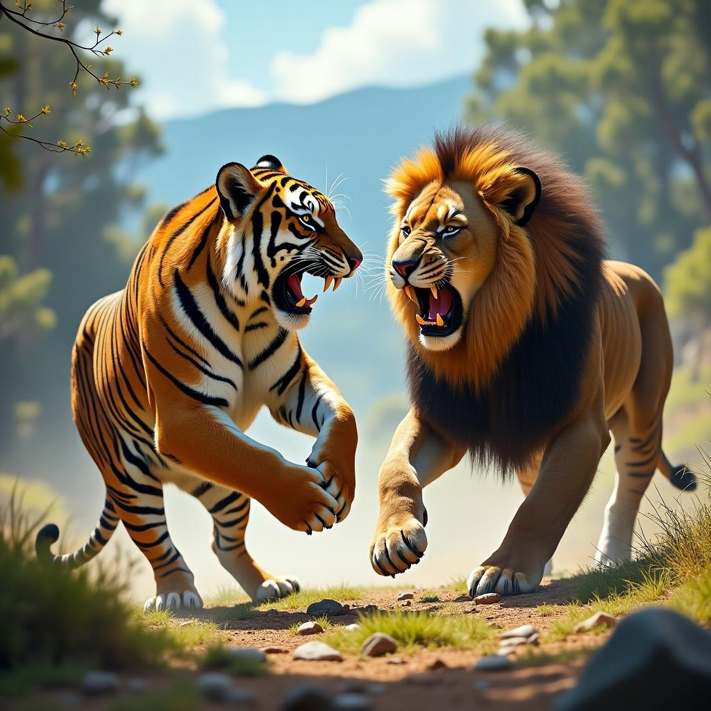 Fierce battle scene between a Tasmanian tiger and a lion in a vibrant forest setting. The focus is on the intense expressions and dynamic poses of the two animals as they confront each other.