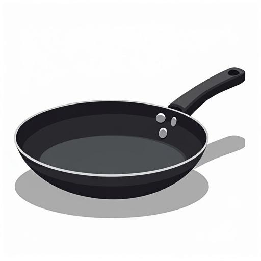 Generates a GIF image of a frying pan on a transparent background. The pan is large and black. It is illustrated in a cartoon style. The perspective is tipped upward about 45 degrees. The visible part shows the bottom of the pan.
