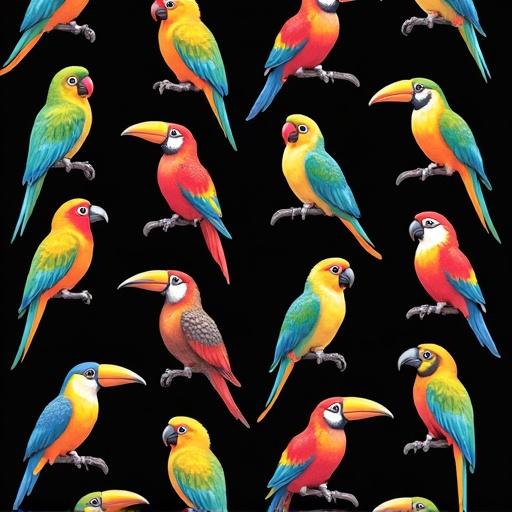 Vector repeatable pattern of colorful tropical birds with various poses on a black background.