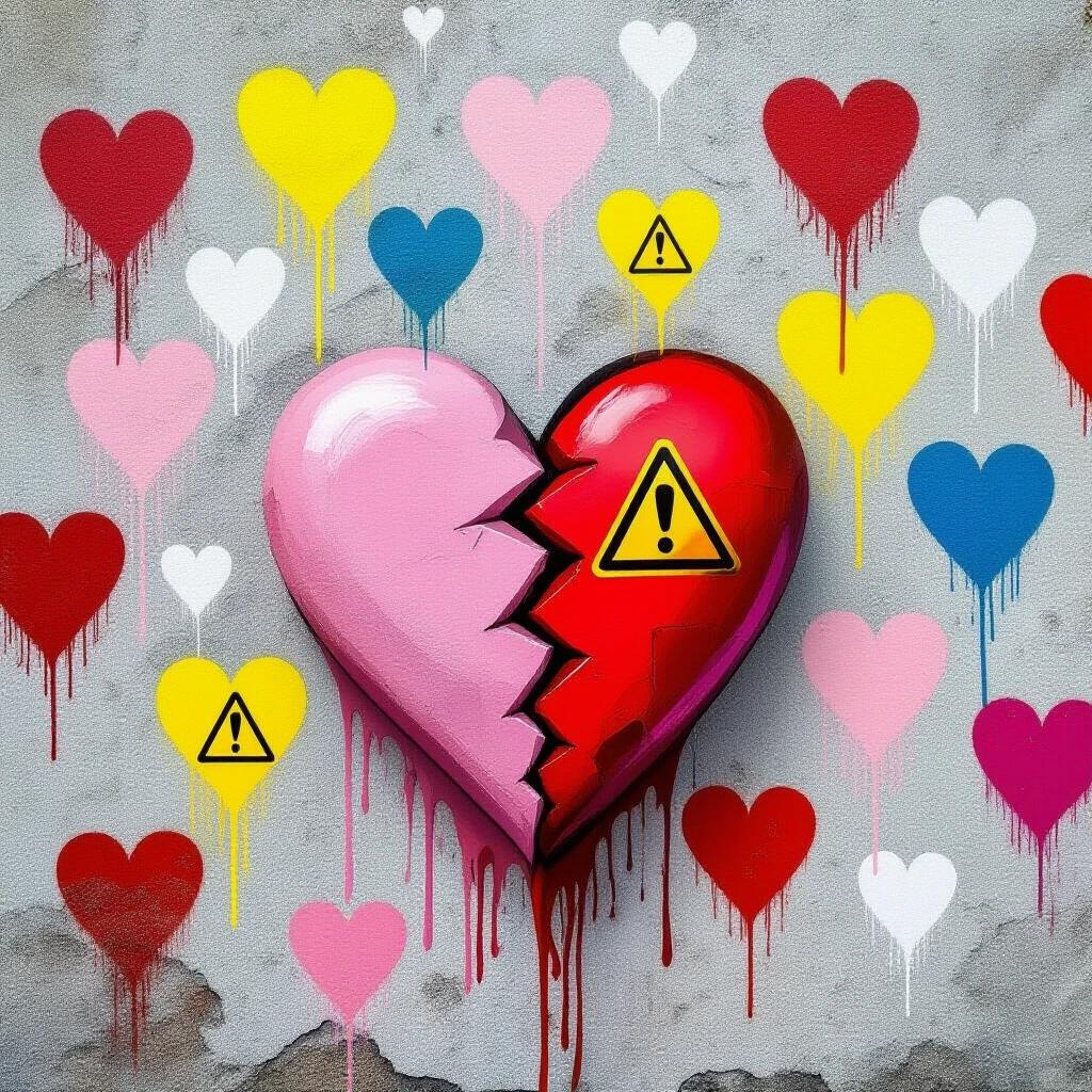 A wall adorned with hearts in soft colors. Each heart features a warning symbol. Love appears to bleed danger. Surreal emotional metaphor is explored.