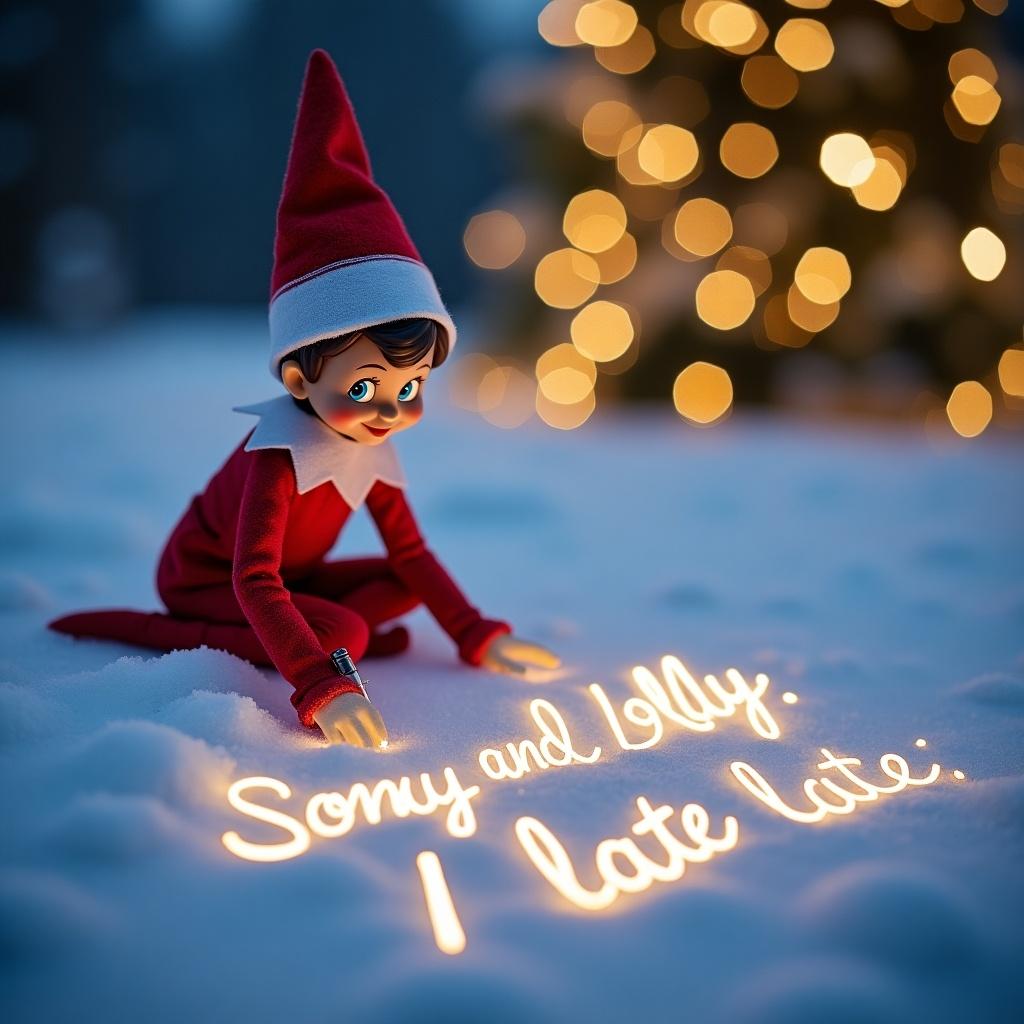 In a snowy landscape, a cheerful Elf on the Shelf is seen playfully writing in the snow. This Elf is dressed in a classic red outfit with a pointed hat, embodying the festive spirit of Christmas. The whimsical scene is illuminated by magical lights that enhance the cheerful atmosphere. The Elf writes in elegant cursive, expressing a message of apology with the words 'River and Lolly: Sorry I’m late.' Behind, twinkling lights reminiscent of a Christmas tree add to the warmth and joy of the holiday season. This scene captures the essence of holiday magic and joy.