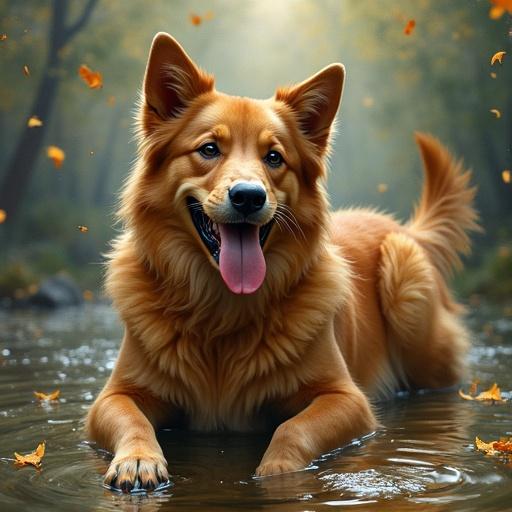 Golden retriever character in a vibrant outdoor scene. Dog sits in shallow water with a playful expression in a forest setting. The image is colorful and inviting.