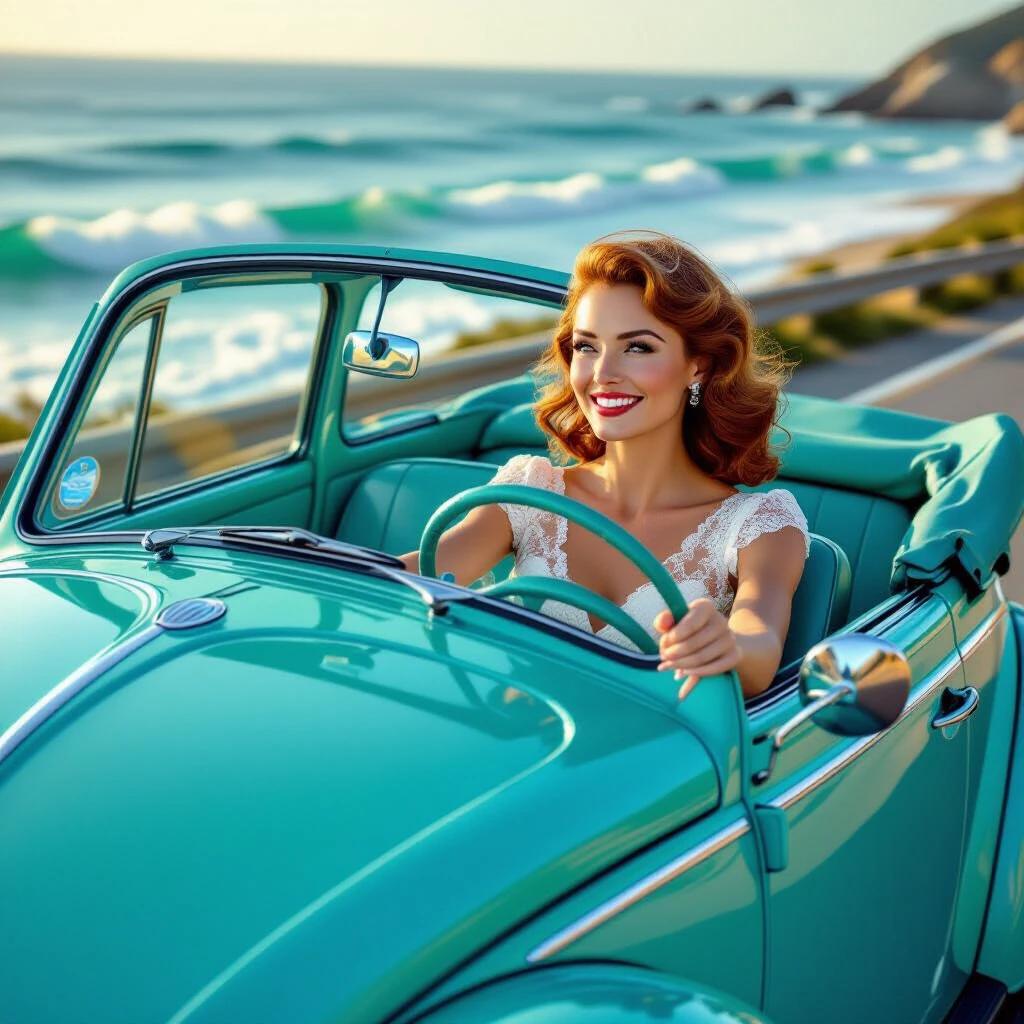 A hyper realistic photograph showcasing a turquoise 1951 Volkswagen Beetle driving on the Pacific Coast Highway. A beautiful woman with wavy auburn hair smiles while driving. She wears a vintage ivory lace dress. The camera angle is low front 3/4 view, highlighting the Beetle's left front fender and round headlight. The ocean is visible through the windshield, with deep azure water and white foam waves. The scene is captured during golden hour, creating long shadows and warm illumination on interior elements. The extreme sharpness highlights the steering wheel, the woman's hands, and lace texture, while soft bokeh adds a painterly effect in the background.