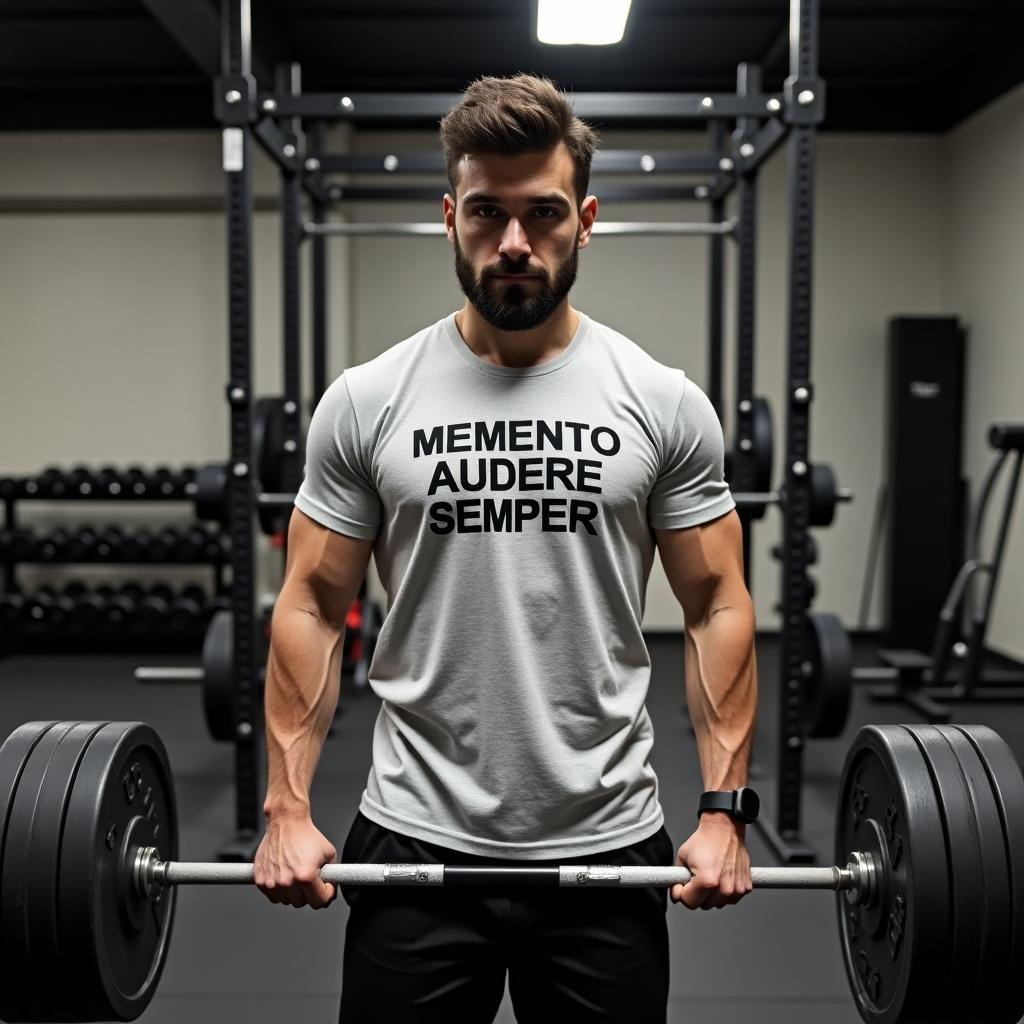 A healthy young Italian man performs a deadlift in a gym. He wears a melange light gray t-shirt with the text 'MEMENTO AUDERE SEMPER'.