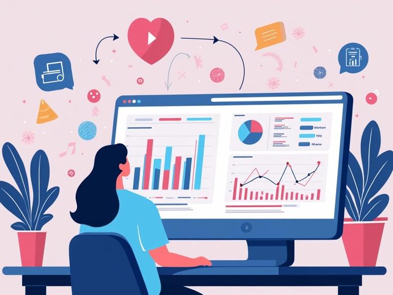 Modern illustration showing a person analyzing TikTok performance metrics on a computer screen. Split screen displays TikTok analytics on one side and sales platform dashboard on the other. Data streams and arrows connect metrics to outcomes like eBook downloads and course enrollments. Focus on analytics guiding strategic decisions for digital products.