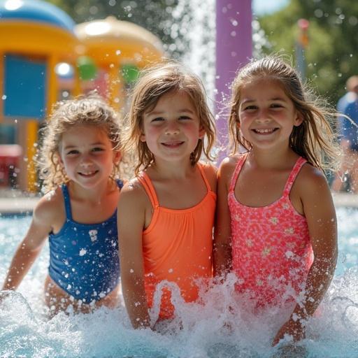 Three children in bright swimwear play in public water park. Water splashes around them in summer sunlight. They express joy with wide smiles. Background features colorful water attractions.
