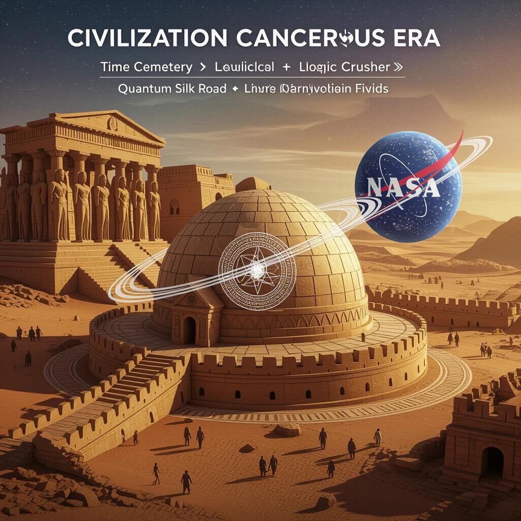 Launch of the ultimate chaos protocol. Depicts 'Civilization Cancerous Era'. Features surreal structures like NASA’s Mars dome. Fragments of the Klein bottle and Hanging Gardens of Babylon. Quantum Silk Road on Great Wall. Gothic arches, Indian mandalas, and more.