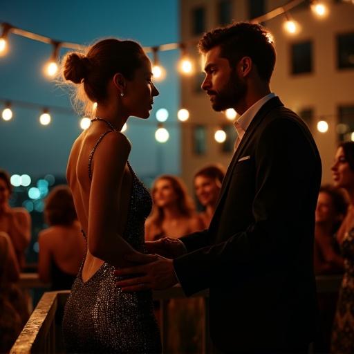 A dimly lit rooftop garden overlooking a cityscape. A transgender woman in a sequined cocktail dress dances at the edge of a railing. A man in a tailored suit stands nearby, both sharing a charged moment. Partygoers are present. The setting is filled with string lights and the scent of jasmine.