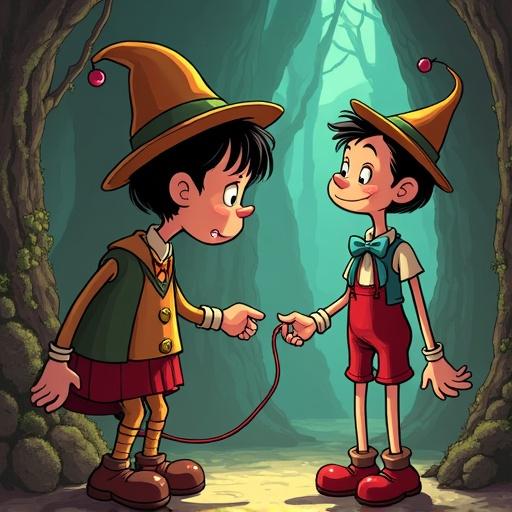 Illustration featuring two boys in a magical forest. One is holding a string connected to the other. Characters inspired by Pinocchio and JoJo's Bizarre Adventure. Bright colors and whimsical design.