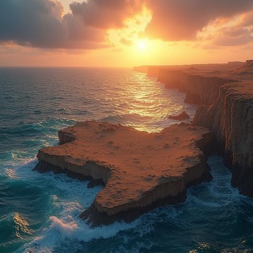 Hyper-detailed 3D topographic map of Libya. Country emerging from turbulent sea. Dramatic lighting with shadows and highlights. Rising sun glowing on horizon. Coastline of northern Libya visible. Southern Sahara featured with dunes and rocky formations. Scene conveys awe and contrast of desert and sea.