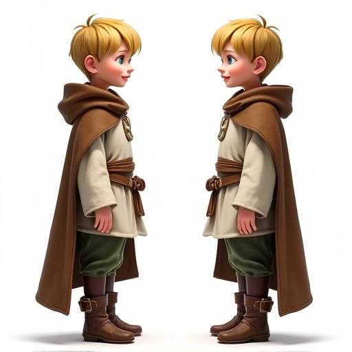 9 year old boy with slight angular face and sharp nose. Soft features and blue eyes, short blond hair with bangs. He wears worn brown cloak over white tunic secured by a belt. Green trousers and brown leather boots. The design shows three angles: close-up face, full body front, and full body left.